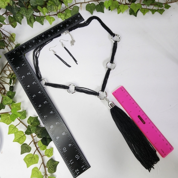 Long Multi Black Chain Necklace with Tassel and Matching Earrings Set - Picture 10 of 10